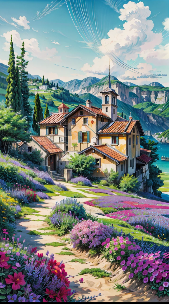 a painting of a beach with flowers in the foreground, mediterranean beach background, beautiful italian beach scene, beach background, beach and tropical vegetation, italian beach scene, sunny day background, happy italian beach scene, scenery artwork, sea background, beach on the outer rim, seaside backgroud, beach landscape, beautiful brush stroke rendering, beach setting, in a mediterranean lanscape, 4k hd,, beautiful art uhd 4 k, a beautiful artwork illustration, beautiful digital painting, highly detailed digital painting, beautiful digital artwork, detailed painting 4 k, very detailed digital painting, rich picturesque colors, gorgeous digital painting