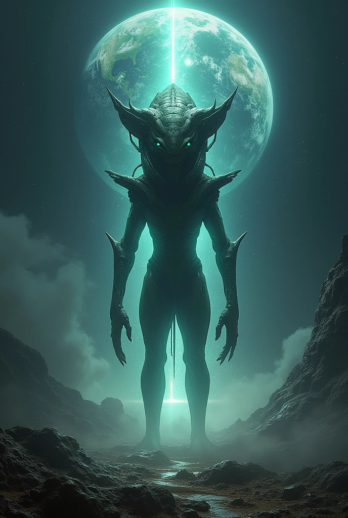 An extraterrestrial being from a distant galaxy, far away，Displaying impressive supernatural abilities，This entity is shrouded in an aura of mystery and power.，Giving off blinding energy and distinctly non-human characteristics。Its sharp eyes gaze down at the land，Absorb the complexity of human culture and life。Against the backdrop of this scene is a vast, Dark cosmos and mysterious alien structures.，The dark backdrop further highlights the alien's strangeness and immense size.，The tiny Earth is illuminated，Revealing its beauty and diversity，This alien is unlike any lifeform on Earth，Standing before a colossal Zerg spaceship，This vessel is StarCraft-esque，The edges are uneven，unique structure，As if there is life
