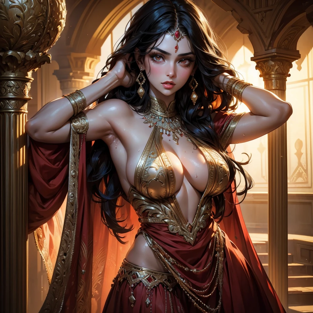 Single beautiful persian princess, wearing a fitted wet red sharara, long wavy black hair, visible extremely sweat dripping from armpits, fully body covered in extremely glistening and shining sweat, big breasts, white skin, backside visible with detailed facial features, beautiful detailed eyes, beautiful detailed lips, extremely detailed face, long eyelashes, portrait, (best quality,4k,8k,highres,masterpiece:1.2),ultra-detailed,(realistic,photorealistic,photo-realistic:1.37),dramatic lighting, warm color tones, vibrant colors