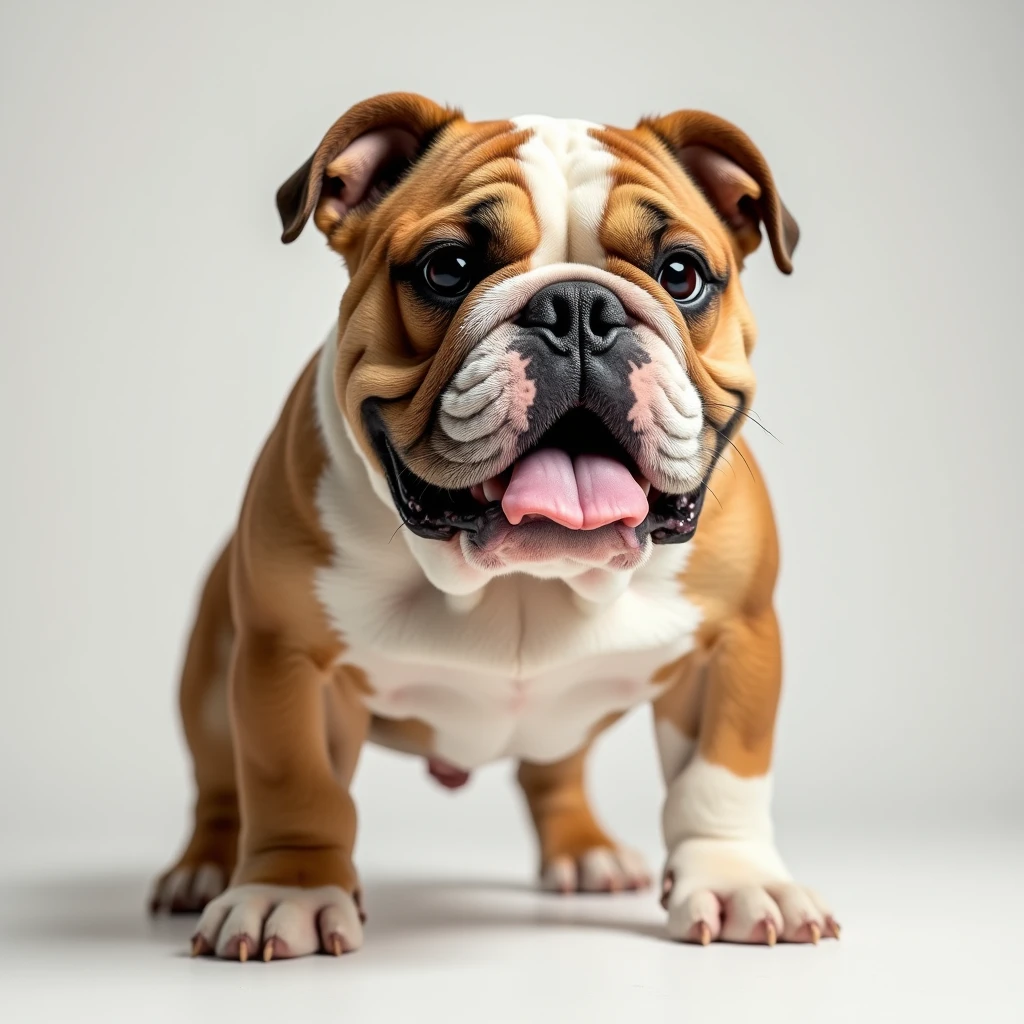 A bulldog has a large head and stands on its legs.
