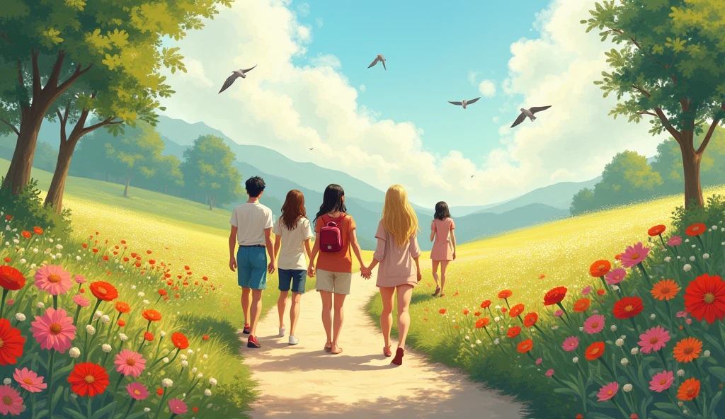 The group starts walking along a path lined with flowers and singing birds. As they take each step, they count together: