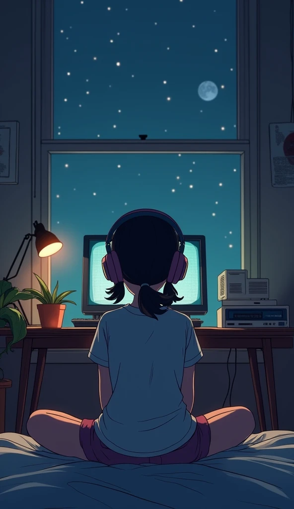 Lo-fi,Girl listening to music in a cozy room at night, Using headphones, 2D style anime, hard disk, Dark environment,