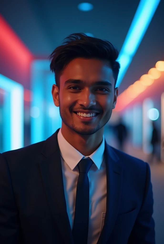 21 year old Bangladeshi boy with smiling oblong face and wearing formal dress and in the background there are reflecting low blue and red light for linkedin profile