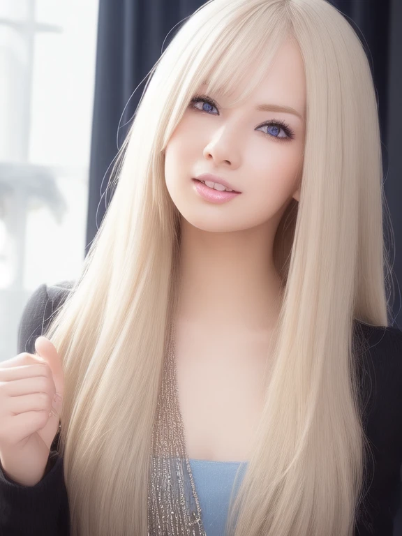 、FEMALES、bright expression、Skin  young, shiny, fair and shiny、Best looking、The ultimate beautiful girl、Platinum blonde hair，glittery、shiny black hair,、Extra long silky straight hair、Beautiful bangs that shine、crystal-clear、captivating blue eyes、Very nice and cute 18 year old girl、plump bust、Thin、light blue