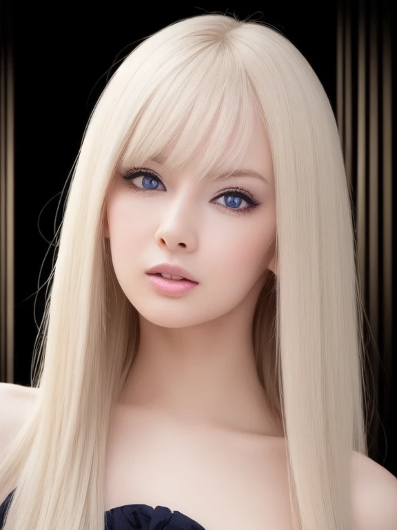 、FEMALES、bright expression、Skin young, shiny, fair and shiny、Best looking、The ultimate beautiful girl、Platinum blonde hair,glittery、shiny black hair,、Extra long silky straight hair、Beautiful bangs that shine、crystal-clear、captivating blue eyes、Very nice and cute 18 year old girl、plump bust、Thin、light blue