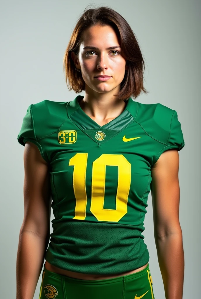 A photo of Morgan Archer, a quarterback for the female Oregon Ducks football team. Number 10. Very