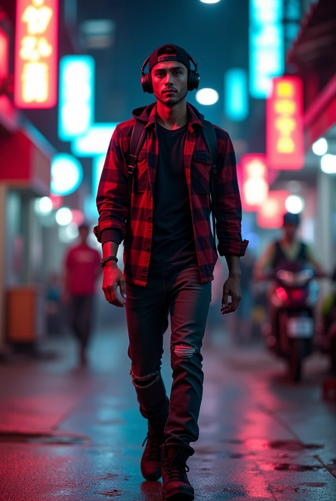 Hyper realistic, a 28 year old Indonesia man walking on the neon cyberpunk street, ideal body, look straight ahead, wearing dark red flannel shirt and dark ripped jeans pants and black hiking hi-shoes with black backward trucker hat, wear dark leather backpack, wear headphone, masculine photoshoot pose, arrogant man expression, romantic, Bandung night town as background. Use soft photography lighting. top lighting. top lighting, slide lighting, high quality photos, UHD, 64k. shot with Canon EOS 5D Mark IV, cinematic portrait, Realistic face, not changing face, no mustache, Real photo, unchanging face, background change. Real Picture 8k ultra, man, gamer, hyper detailed, sharp focus, studio photo, intricate details, highly detailed, photo real, bright colors, digital graphics, unreal engine, blender art, perfect composition, octane rendering, masterpiece, sharp focus, high detail, art station, concept art, perfect composition, a model of ultra-high quality and clarity, perfect play of light and shadow, 32k UHD, hyper-detailing, complex artistic masterpiece, ((best quality)), ((masterpiece)), (detailed), perfect face