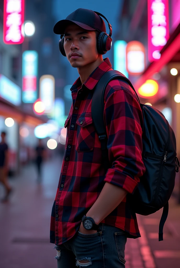 Hyper realistic, a 28 year old Indonesia man walking on the neon cyberpunk street, ideal body, look straight ahead, wearing dark red flannel shirt and dark ripped jeans pants and black hiking hi-shoes with black backward trucker hat, wear dark leather backpack, wear headphone, masculine photoshoot pose, arrogant man expression, romantic, Bandung night town as background. Use soft photography lighting. top lighting. top lighting, slide lighting, high quality photos, UHD, 64k. shot with Canon EOS 5D Mark IV, cinematic portrait, Realistic face, not changing face, no mustache, Real photo, unchanging face, background change. Real Picture 8k ultra, man, gamer, hyper detailed, sharp focus, studio photo, intricate details, highly detailed, photo real, bright colors, digital graphics, unreal engine, blender art, perfect composition, octane rendering, masterpiece, sharp focus, high detail, art station, concept art, perfect composition, a model of ultra-high quality and clarity, perfect play of light and shadow, 32k UHD, hyper-detailing, complex artistic masterpiece, ((best quality)), ((masterpiece)), (detailed), perfect face