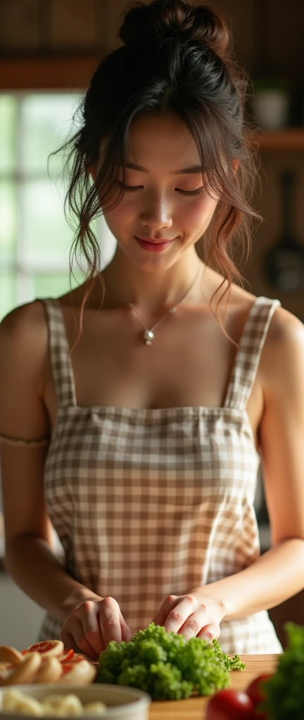(32K:1.9, Highest quality, masterpiece, Ultra-high resolution, Professional random angle camera work:1.5, Very detailedな肌と顔の質感:1.4), Always accurate, Very detailed, ((27-year-old Japanese wife, Busty on the verge of collapse, A small face with ultimate beauty, Cooking in the kitchen:1.6, The morning light illuminates the hut, Wearing only a gingham apron, naked.:1.7, Incredibly slim body:1.5, areola is not visible)), Fair skin, elegant, sense of cleanliness, Vegetable cutting pose, (Big eyes that exude beautiful eroticism:0.4, A shy smile:1.0, I love you with all my heart:0.8, Please open your mouth a little, lipstick, Feel the beautiful eroticism:0.9), (Wet dark brown messy hair), Earrings, necklace, bracelet, (romantic, artistic, mysterious), Object of admiration, original, dramatic, Innovative, charm, Heartful, Fancy, sense of openness, special, exciting, Extreme, Tilt, sense of loss, joy, joyの表現, (((若さのcharm, 女性的なcharm)))