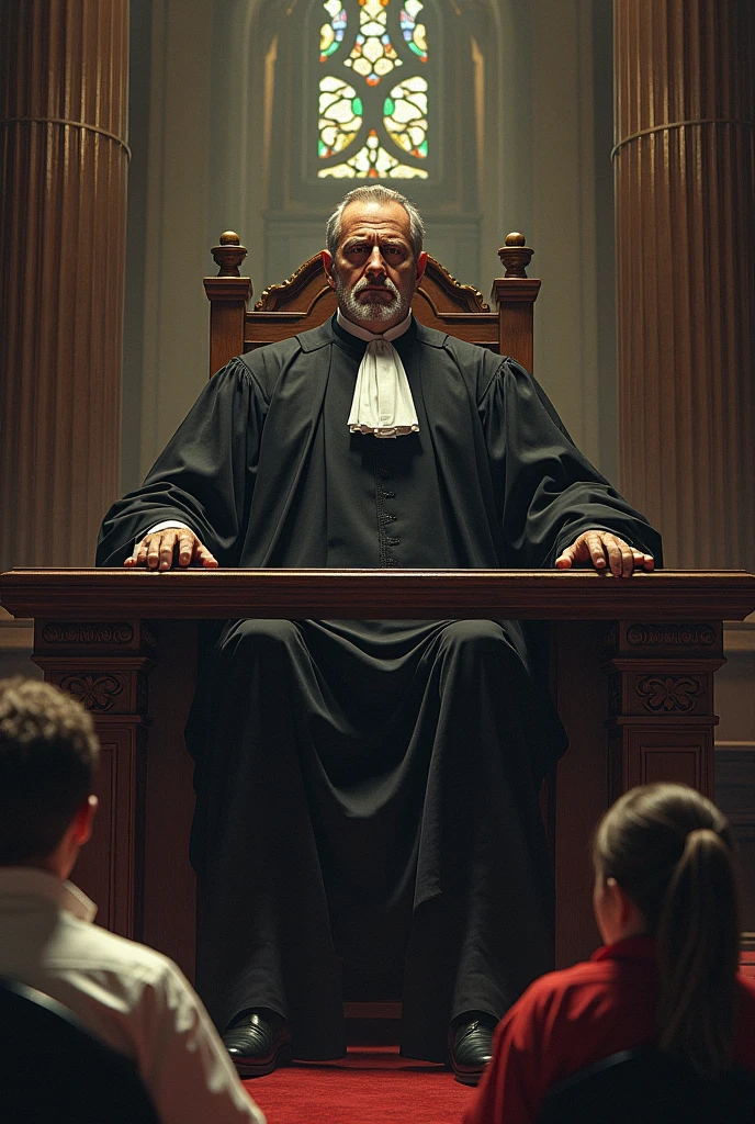 A male judge sits on the throne, presiding over a case in court. The verdict results in injury to 10 citizens, both men and women.