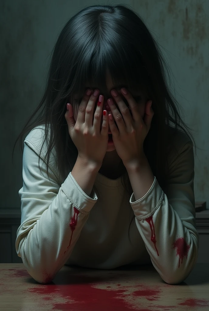 A 14 year old girl who has covered her face completely with her hands and has blood stains on her clothes real