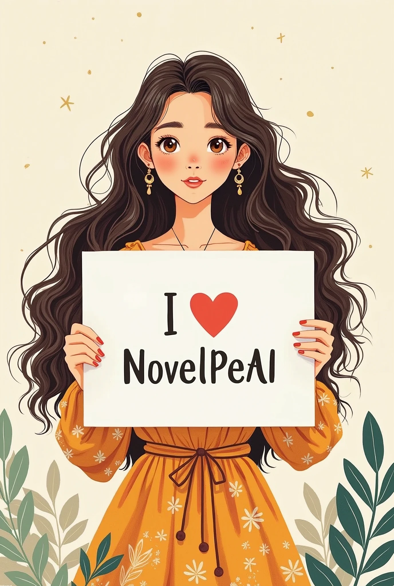 Beautiful girl with wavy long hair, bohemian dress, holding a white board with text "I Love NovelPenAI" and showing it to the viewer, cartoon style, japanese