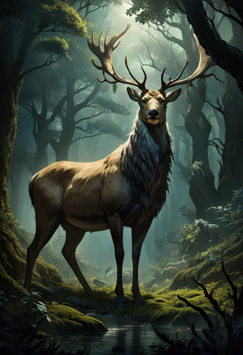 A sacred deer,majestic deer,deer with antlers,deer in forest,mysterious foggy forest,eerie atmosphere,dark fantasy,fantasy creature,mythical beast,digital art,highly detailed,cinematic lighting,dramatic shadows,vibrant colors,intricate details,masterpiece, dense foggy foreground