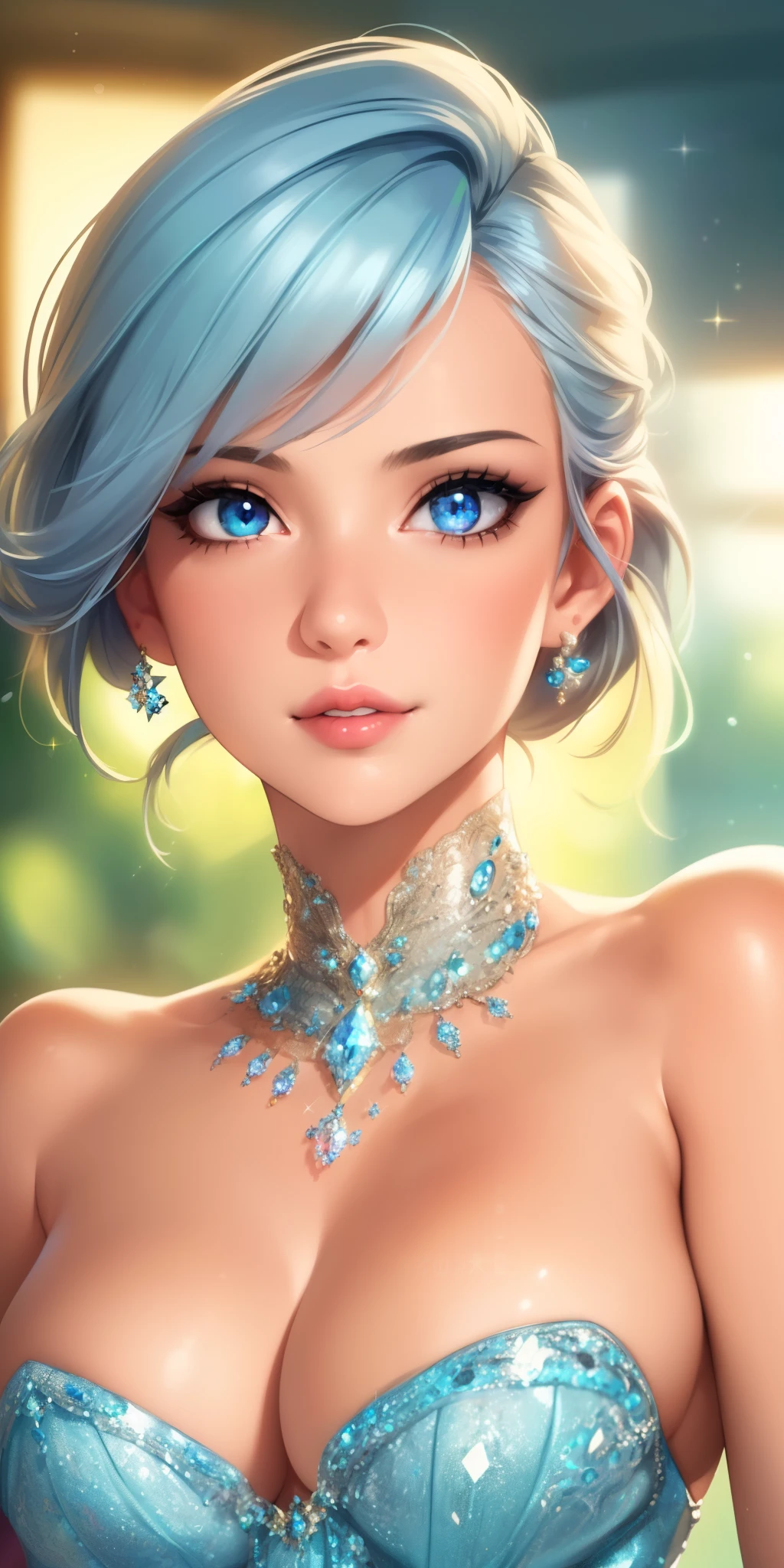 (best quality, ultra-detailed, photorealistic: 1.39), bright and vibrant colors, studio lighting, romantic expression, An effeminate girl, with a delicate and beautiful face. She is a girl who reflects seductive beauty, sparkling eyes, extremely beautiful woman, lips parted, crystalline dress, crystals on the detailed dress, she is in love