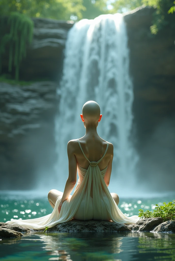 nude woman sitting on a ledge in a pool with a waterfall in the background, japanese goddess, giant stunning goddess shot, indian goddess, beautiful goddess, oriental fantasy, asian female water elemental, next to a waterfall, asian nymph bald goddess, asian, nature goddess, cinematic goddess body shot, extremely detailed goddess shot, inspired by Lam Qua, asian sun