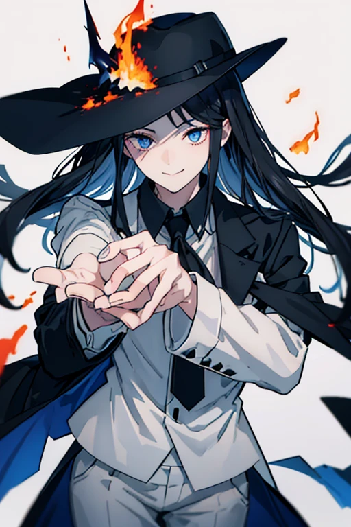 Long straight black hair，blue eyes，Sharp eyes，Smiling，Wearing black formal suit、white lining、Female magician in black trousers，Right hand holding a semi-automatic pistol，Left hand holding the brim of the hat，Surrounded by flames