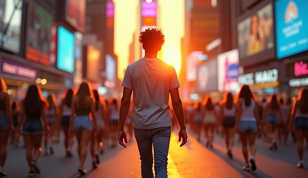 Create an image of a handsome man walking confidently on a busy street in Times Square, USA. He has curly hair and is dressed casually in jeans and a t-shirt. The scene takes place outdoors during an orange-hued sunset, with the soft lighting casting a warm glow over the surroundings. The man is walking with a relaxed yet purposeful stride, with intricate details in his clothing and hair.
The background features vibrant colors, focusing on a blue color palette with neon signs and billboards. The road is bustling with activity, filled with numerous young women wearing sleeveless t-shirts and shorts, casually wandering around as the focal point. The image should highlight the crowded, energetic atmosphere of Times Square, with the man as the focal point. The overall scene should be realistic, with intricate details and vibrant colors, emphasizing the contrast between the cool blue tones of the city and the warm orange sunset. Need more girls with shorts and sleeveless t-shirts around the guy.