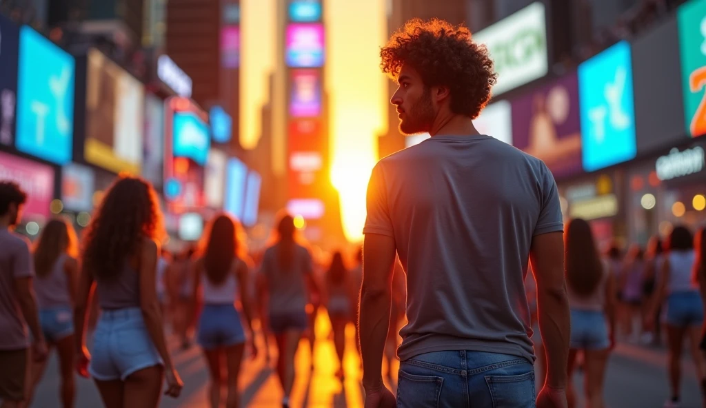 Create an image of a handsome man walking confidently on a busy street in Times Square, USA. He has curly hair and is dressed casually in jeans and a t-shirt. The scene takes place outdoors during an orange-hued sunset, with the soft lighting casting a warm glow over the surroundings. The man is walking with a relaxed yet purposeful stride, with intricate details in his clothing and hair.
The background features vibrant colors, focusing on a blue color palette with neon signs and billboards. The road is bustling with activity, filled with numerous young women wearing sleeveless t-shirts and shorts, casually wandering around as the focal point. The image should highlight the crowded, energetic atmosphere of Times Square, with the man as the focal point. The overall scene should be realistic, with intricate details and vibrant colors, emphasizing the contrast between the cool blue tones of the city and the warm orange sunset. Need more girls with shorts and sleeveless t-shirts around the guy.