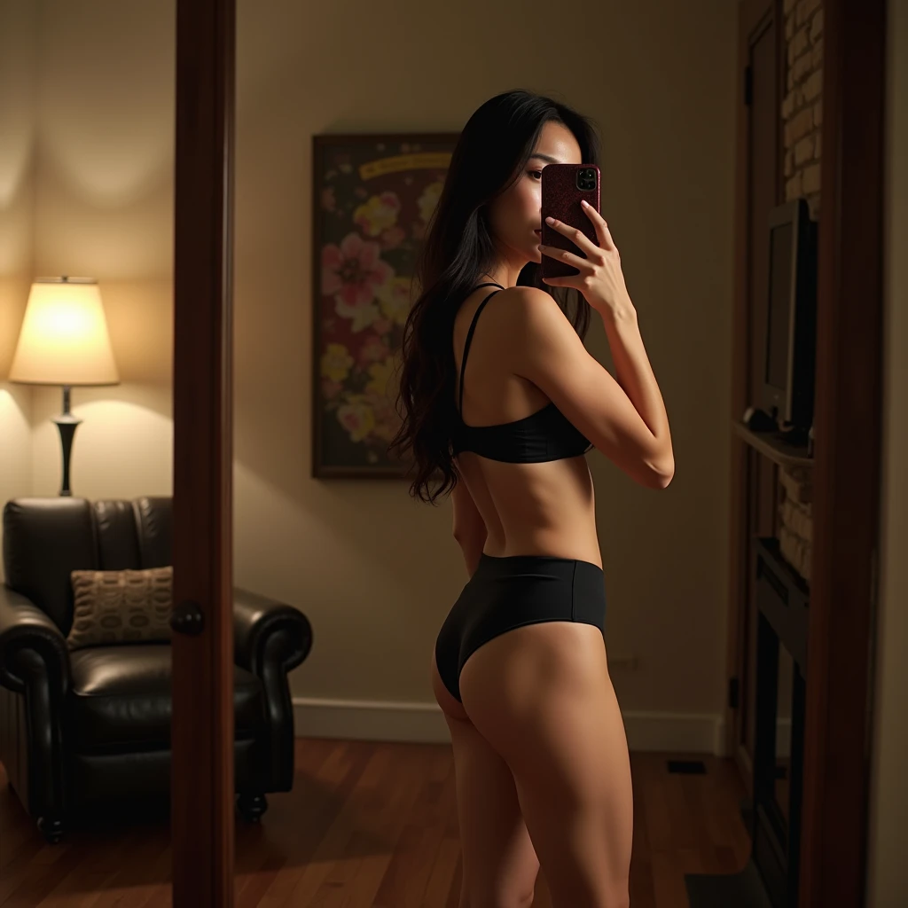A Japanese woman taking a selfie in front of a full-length mirror in the living room at night。A Japanese woman wearing sexy workout clothes。