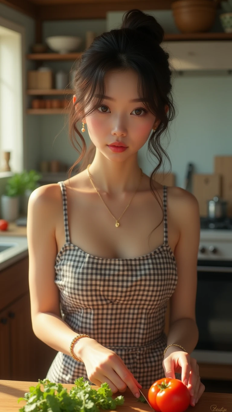 (32K:1.9, Highest quality, masterpiece, Ultra-high resolution, Professional low-angle camerawork:1.5, Very detailedな肌と顔の質感:1.4), Always accurate, Very detailed, ((27-year-old Japanese wife, Busty on the verge of collapse, A small face with ultimate beauty, Cooking in the kitchen:1.6, The morning light illuminates the hut, Wearing only a gingham apron, naked.:1.7, Incredibly slim body:1.5, areola is not visible)), Fair skin, elegant, sense of cleanliness, Vegetable cutting pose, (Big eyes that exude beautiful eroticism:0.4, A shy smile:1.0, I love you with all my heart:0.8, Please open your mouth a little, lipstick, Feel the beautiful eroticism:0.9), (Wet dark brown messy hair), Earrings, necklace, bracelet, (romantic, artistic, mysterious), Object of admiration, original, dramatic, Innovative, charm, Heartful, Fancy, sense of openness, special, exciting, Extreme, Tilt, sense of loss, joy, joyの表現, (((若さのcharm, 女性的なcharm)))