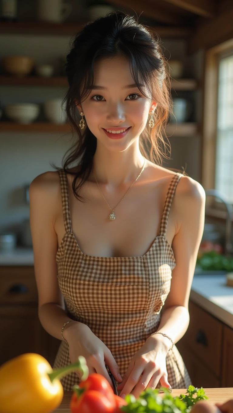 (32K:1.9, Highest quality, masterpiece, Ultra-high resolution, Professional low-angle camerawork:1.5, Very detailedな肌と顔の質感:1.4), Always accurate, Very detailed, ((27-year-old Japanese wife, Busty on the verge of collapse, A small face with ultimate beauty, Cooking in the kitchen:1.6, The morning light illuminates the hut, Wearing only a gingham apron, naked.:1.7, Incredibly slim body:1.5, areola is not visible)), Fair skin, elegant, sense of cleanliness, Vegetable cutting pose, (Big eyes that exude beautiful eroticism:0.4, A shy smile:1.0, I love you with all my heart:0.8, Please open your mouth a little, lipstick, Feel the beautiful eroticism:0.9), (Wet dark brown messy hair), Earrings, necklace, bracelet, (romantic, artistic, mysterious), Object of admiration, original, dramatic, Innovative, charm, Heartful, Fancy, sense of openness, special, exciting, Extreme, Tilt, sense of loss, joy, joyの表現, (((若さのcharm, 女性的なcharm)))