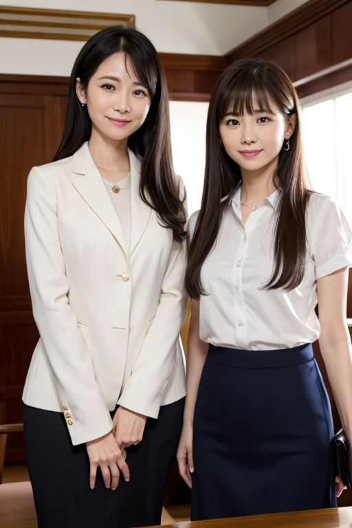 Please draw two beautiful secretaries standing in front of the president.。