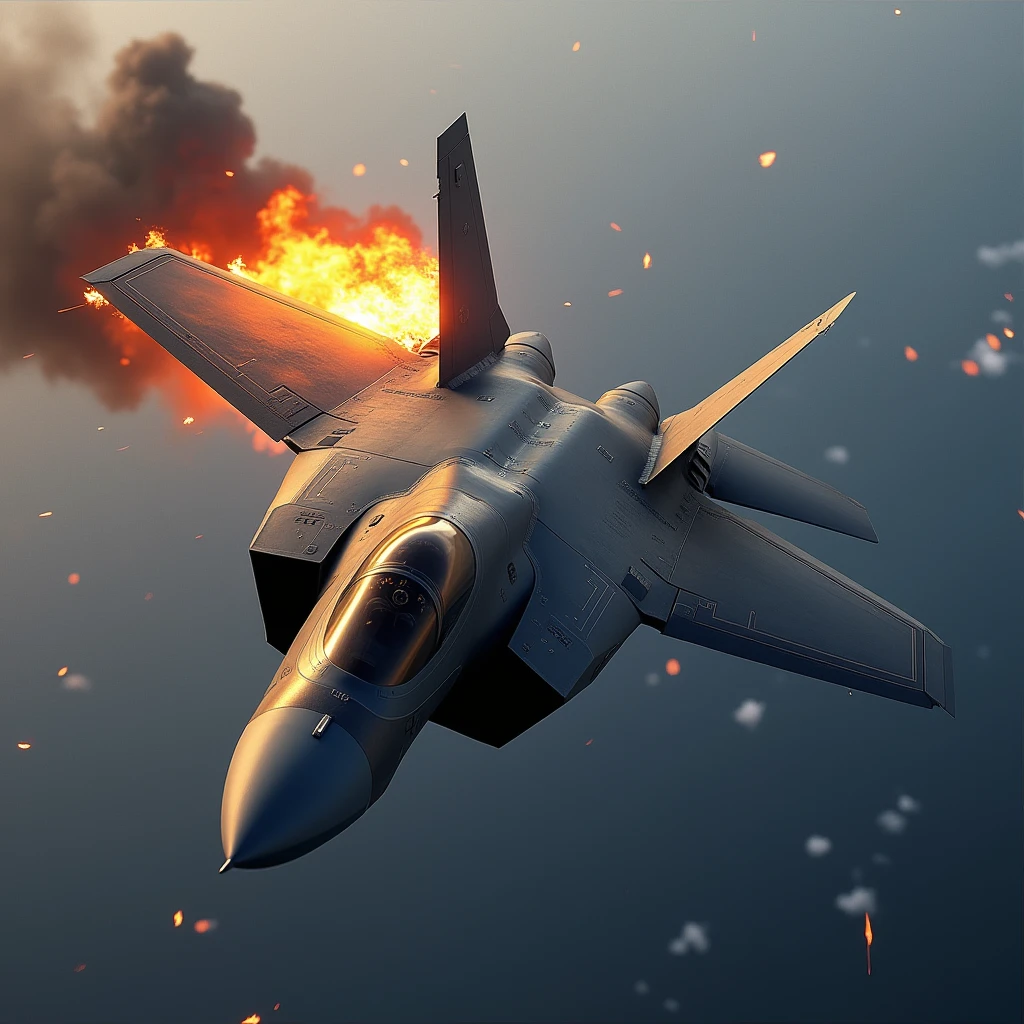 high resolution, best quality, backlit, Side corners, Masterpiece, precise, damaged, โมเดลhigh resolution, Highly detailed, high resolutionสุด, An F-35C fighter jet was hit, causing its right wing to explode., film lighting, 