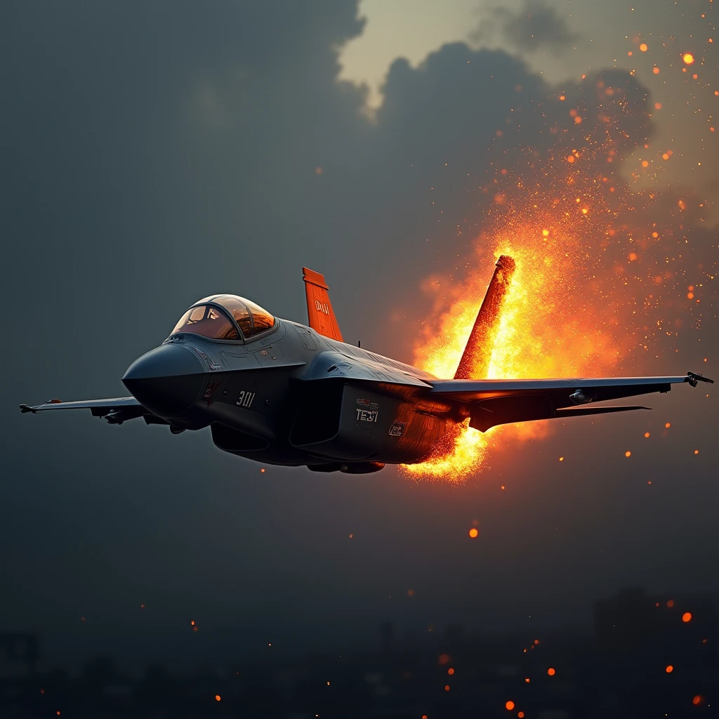 high resolution, best quality, backlit, Side corners, Masterpiece, precise, damaged, โมเดลhigh resolution, Highly detailed, high resolutionสุด, An F-35C fighter jet was hit, causing its right wing to explode., film lighting,