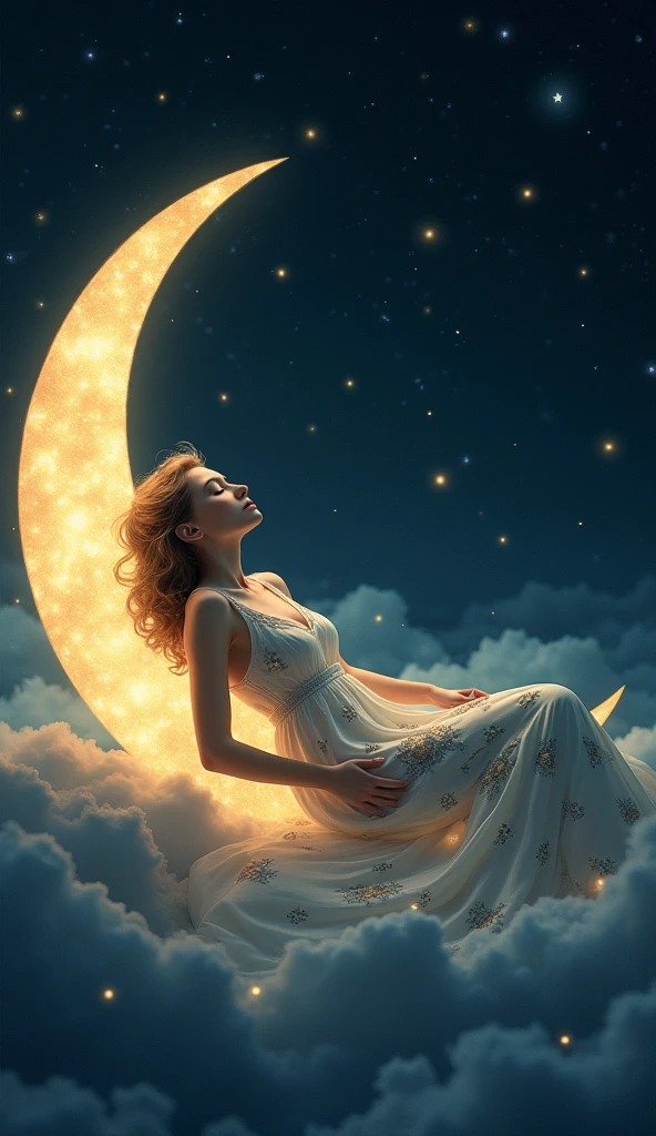 This image shows a woman resting against a crescent moon, set against a backdrop of a starry night sky. She appears to be asleep or in a peaceful, reflective state. The scene is illuminated by the glowing moon, casting a warm, gentle light on her and the surrounding area. Her dress is adorned with intricate patterns, enhancing the ethereal and magical ambiance. The image is filled with tiny, sparkling lights, adding to the sense of wonder and fantasy.