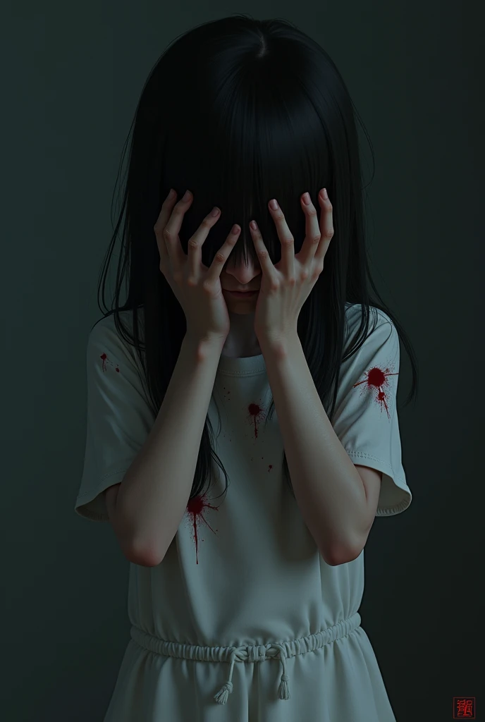 A  girl who has covered her face completely with her hands and has blood stains on her clothes realistic image