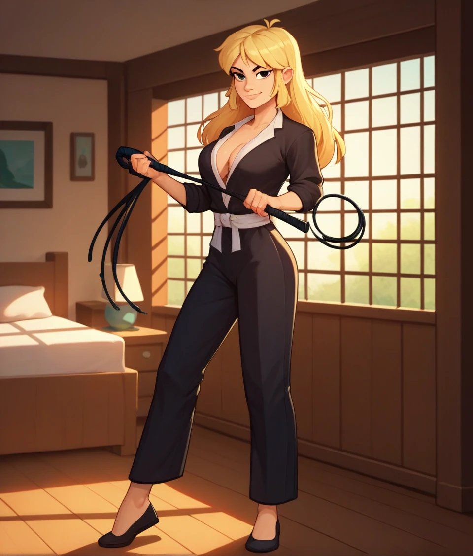 score_9, score_8_up, score_7_up, 1girl, solo,  24yo girl, Leni Loud, blonde hair, long hair, black eyes,  looking at viewer, smile, indoors, bedroom,  black martial art suit, holding a whip, whip, large breasts, sexy, full body view