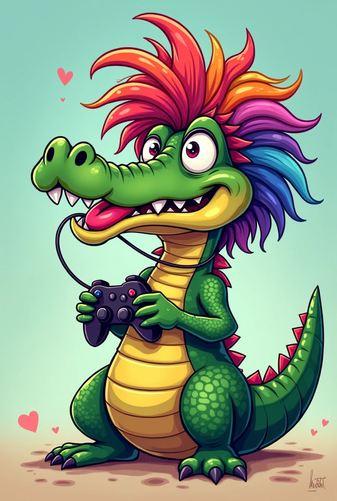 Cartoon of a gamer Crocodile wearing a wig, lipstick, and makeup with full lips and LGBT lipstick.