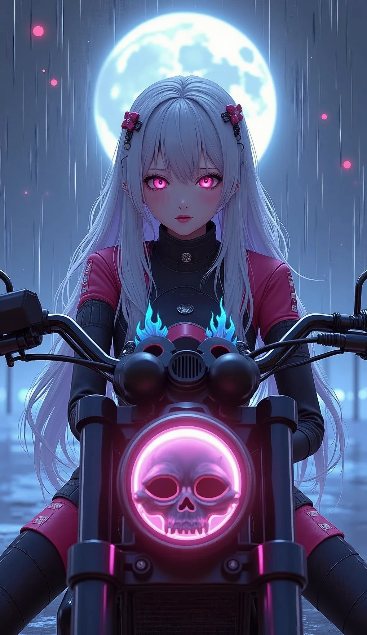 photorealistic,Realistic illustration in Modelshoot style,((masterpiece)),((The best quality)),((Ultra Quality)),((ultra detailed)),((1girl long white hair)),((Only)),((waifu:1.5)),Perfect anatomy,perfect hands,beautiful cuerpo,beautiful_method,ulzzang-6500-v1,e-chica,((Exceptionally Beauty 17-year-old Waifu  posando na frente de uma motocicleta futurista)), ((the motorcycle has skulls and blue flames highly detailed 3D graphics)), ((night scenery with full moon in the background, she is wearing a  Uniform with 3D skulls and flames and Sailor Miniskirt, Pantyhose)), HDR, epic realism, high-octane rendering, obra de arte,,((bright-pink_eyes)),long wavy hair,hair clips,eyeliner,cute makeup,lipstick,Glossy lipstick,with a look of terror, worry and sadness,((eyes detallados perfectos)),rainy with fog outside,evening,pink theme,bioluminiscencia,light particles,((Extremely CG Unity 8K Wallpaper)),((cinematic lighting,Best quality lights)),intricate details,Suave,sharp focus,Extremely beautiful and aesthetic,Octane rendering,Full length portrait,damp skin,((Perfect detailed body)),