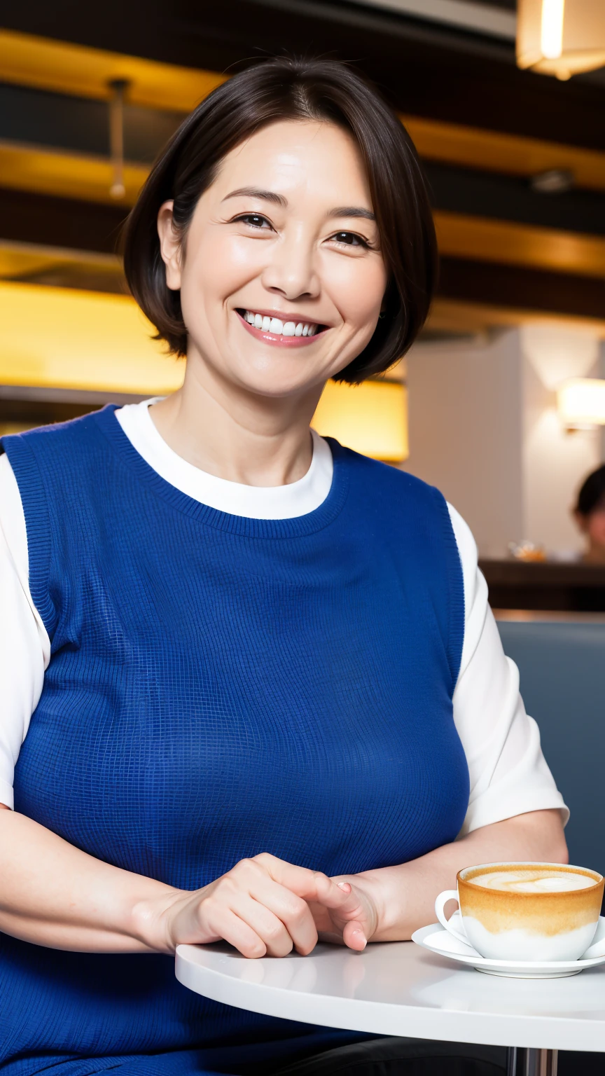 8k wallpaper, masterpiece, Highest quality, Very detailed, One Mature Woman, 50 years old, Become very clear, Wearing a short-sleeved knit, Skin dents, Captivating smile, Looking at the audience, No lapel microphone, Plump, Curvaceous, Attractive face, Smiling with teeth showing, I was happy, sitting in a cafe, Background Blur