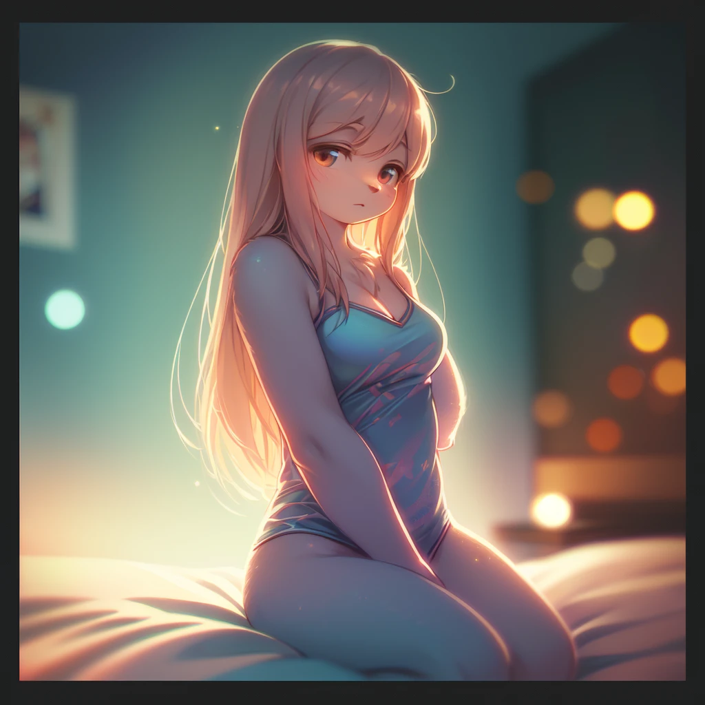 (Sumilux f1.4 36mm , Polaroid , low Latitude old color negative film , cross process , (bokeh), Long exposure , blur , flare, chromatic aberration , soft focus, (Shallow focus) , soft glow , Maximum aperture, high Key , Transparent depiction , Tyndall) , thick woman , looking away , in the bedroom , dim light