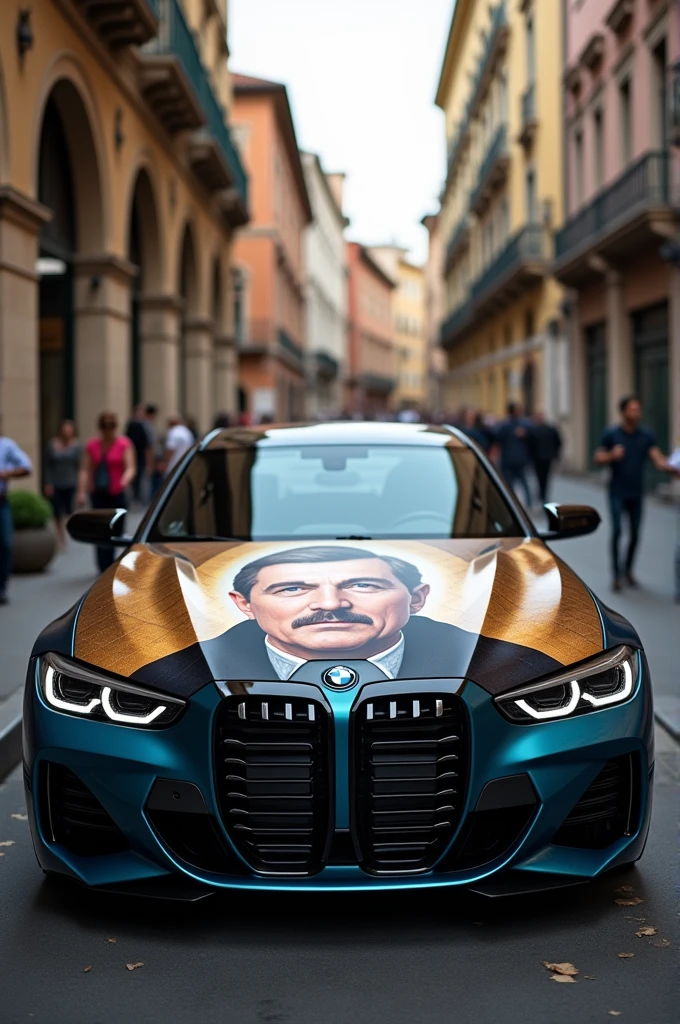 A BMW car with a picture of Don Bosco on the hood