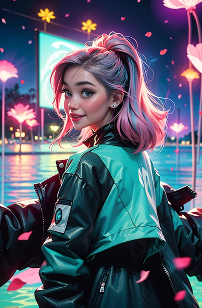 cyberpunk female woman wearing (turquoise Jacket with chromatic accents:1.1), sleek pink and White full bodysuit, side view turning to face camera, (Petal Blush, Lagoon Blue color background:1.3), amazing smile, looking at camera, neon lights 