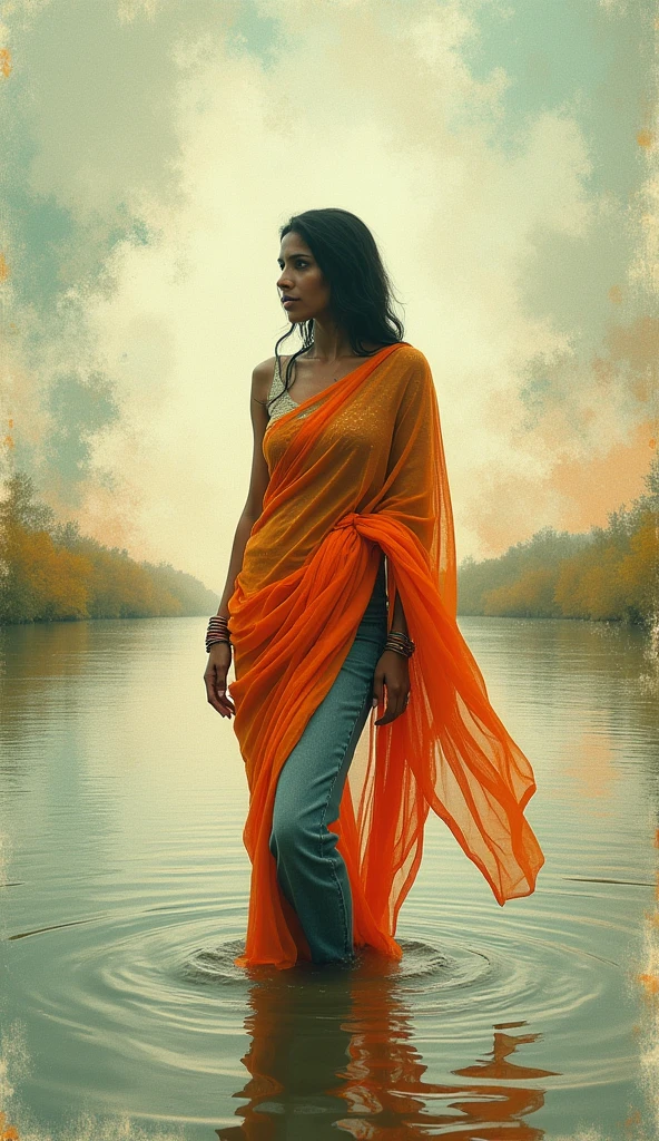 70s setting, grainy analog film, ultra-detailed, masterpiece, abstract art, glamour artwork, conceptual art, indian woman, in river, jeans, sari, abstract, ogange white green, void, vivid, wide space