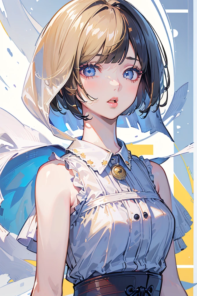 Highest quality, Realistic, 8k, High resolution, 1 girl, woman, , nice, (short hair: 2, Bob: 2, Parted bangs: 1.6), Watch Viewer, (1人's Eyes: 1.6), Realistic,, (Floating Hair, lips, Open your mouth: 1.43), nice,