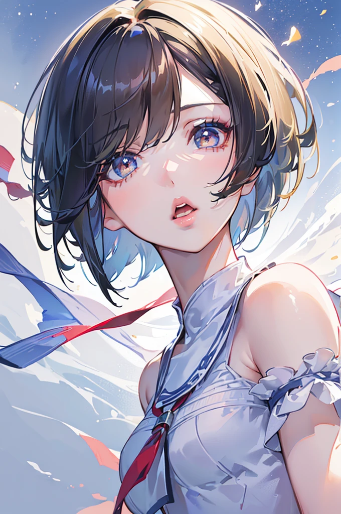 Highest quality, Realistic, 8k, High resolution, 1 girl, woman, , nice,  (short hair: 2, Bob: 2, Parted bangs: 1.6), Watch Viewer, (1人's Eyes: 1.6), Realistic,, (Floating Hair, lips, Open your mouth: 1.43), nice, 