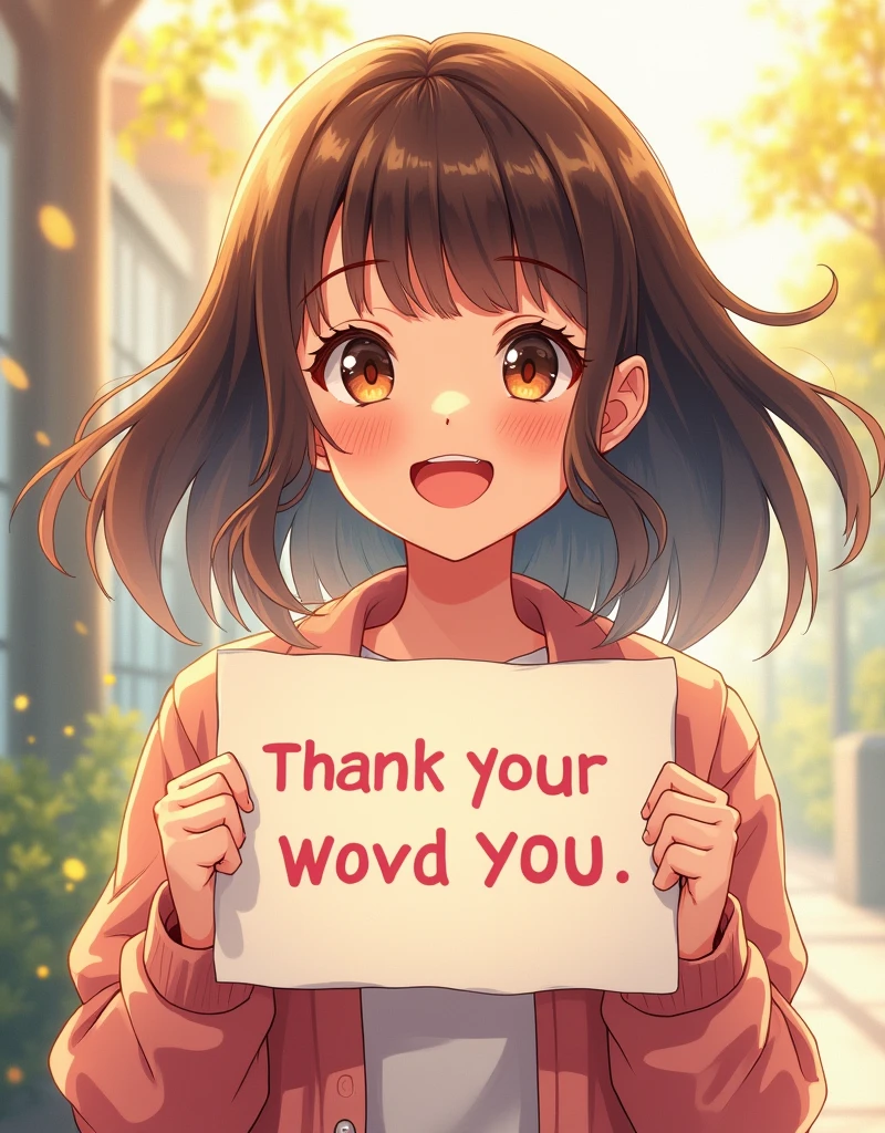 a beautiful and cute woman holding up a sign "Thankyou. 100 Followers And keep Supporting ", joyful, happy, anime illustration, photorealistic, oil painting