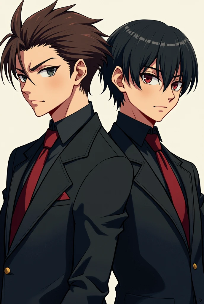 (anime) Two handsome men, one of two has brown hair and a cold expression, the other had black hair and an indifferent expression. The blond one was taller than the black one., these two are taking a portrait together. 