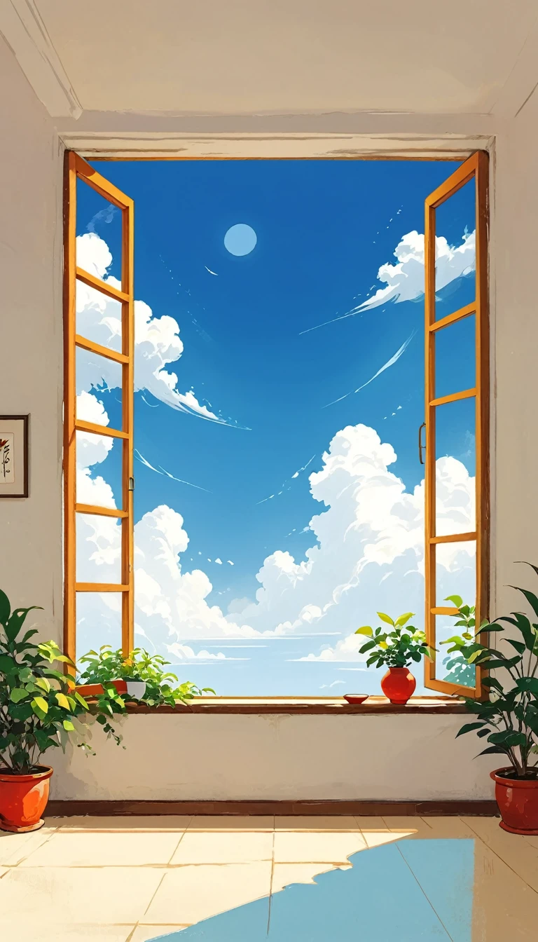 中国水墨画sketch:Light Ink,Lowercase,sketch,artistic conception,window,cloud,Minimalism,(((Negative Space,Bottom left composition)))