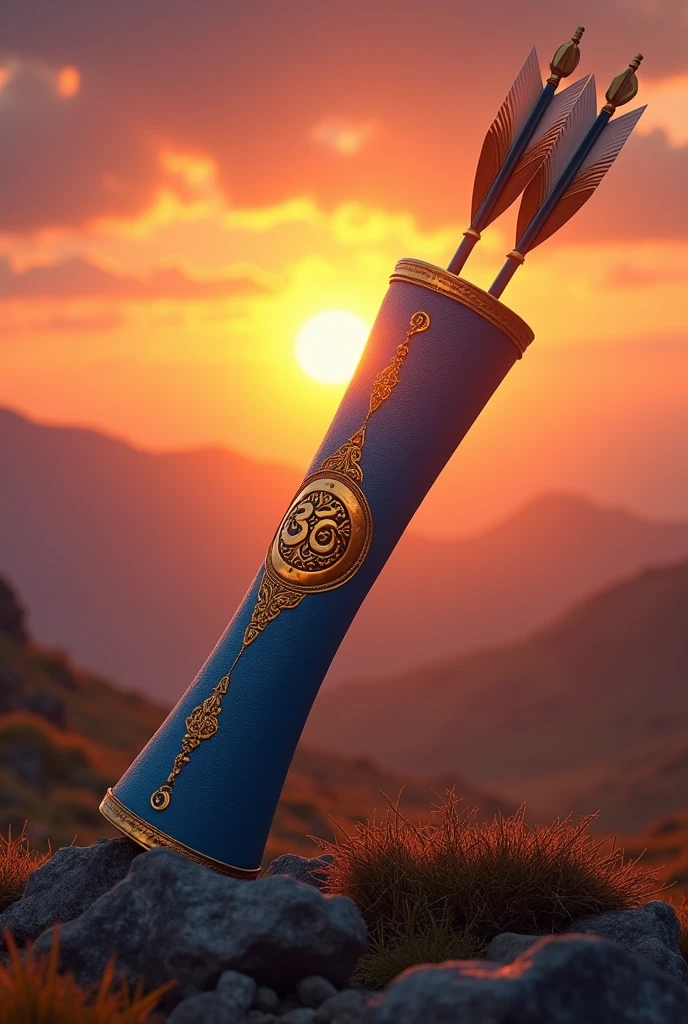 Epic quiver and few arrows inside it. Quiver should be long and blue in color. It should be engraved with "Om" in golden. The background should be epic with a sunrise