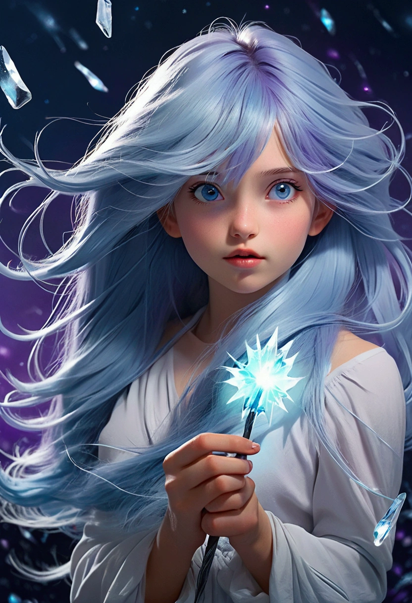 1girl, about ((25 years old)), long light blue hair, messy straight hair, hair bangs, hair blowing in the wind. Ice blades emerging from hear hand. imposing. Beautiful face. Delicate facial features. Purple eyes. Perfect teeth. Perfect hands. ((Cosmic background)).