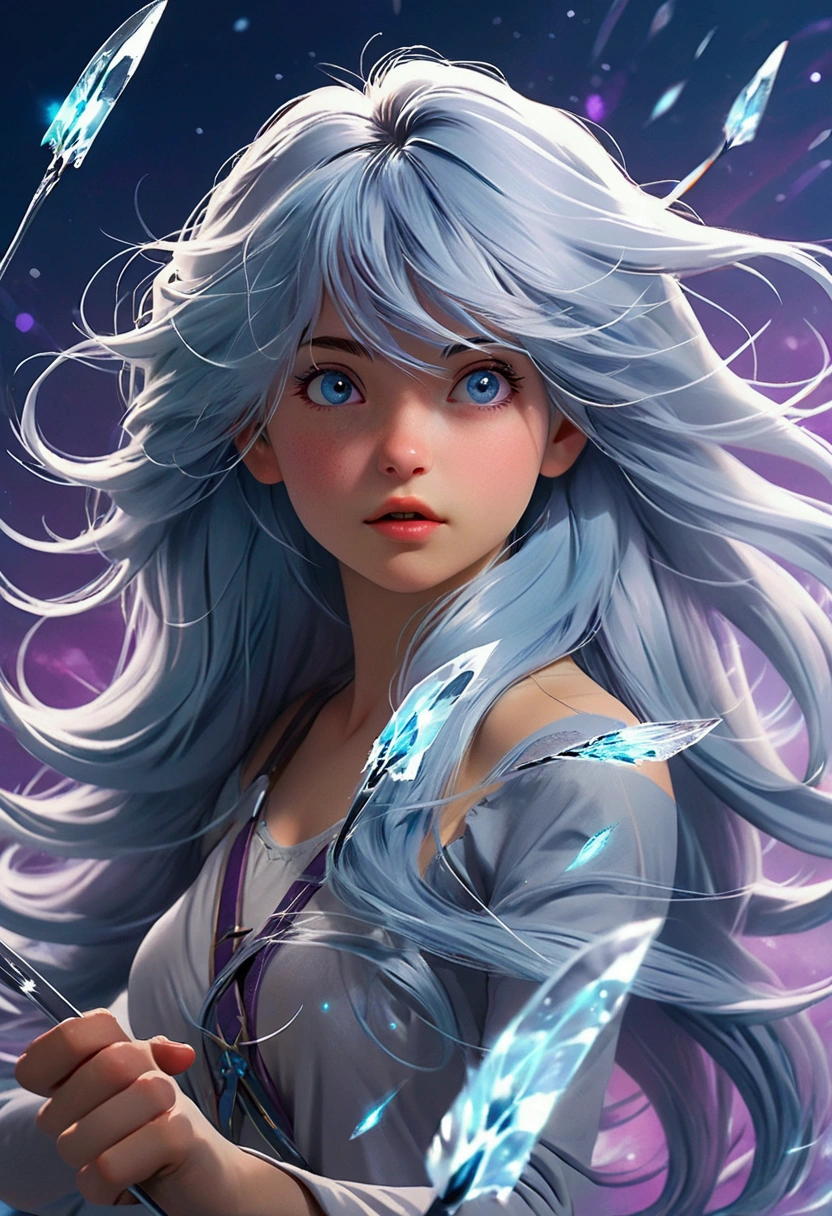 1girl, about ((25 years old)), long light blue hair, messy straight hair, hair bangs, hair blowing in the wind. Ice blades emerging from hear hand. imposing. Beautiful face. Delicate facial features. Purple eyes. Perfect teeth. Perfect hands. ((Cosmic background)).