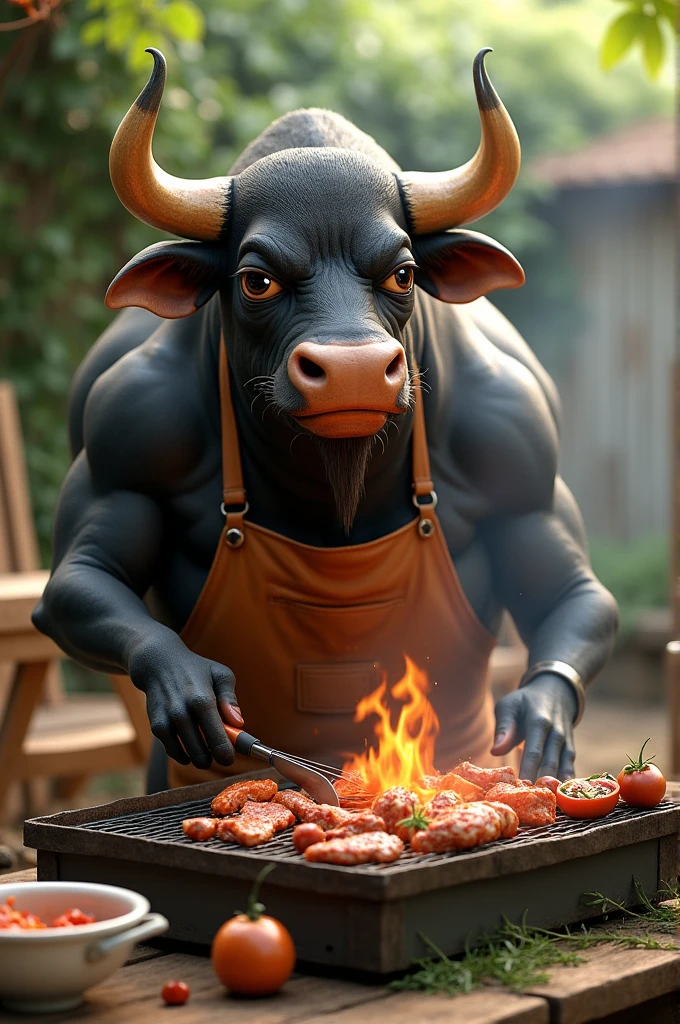 A bull cooking a barbecue