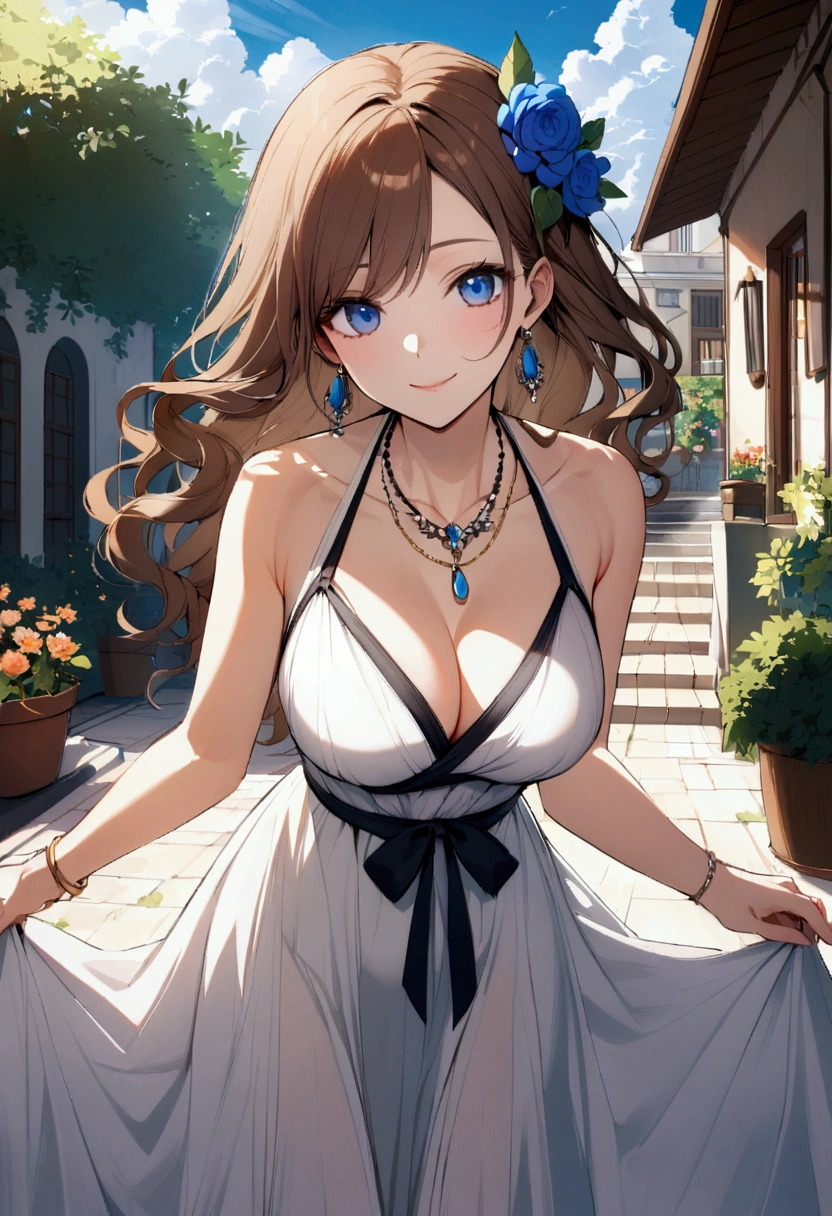 slender, mature female,rating:safe, jewelry, 1girl, long_hair, earrings, dress, brown_hair, blue_eyes, breasts, solo, necklace, cleavage, outdoors, day, hair_ornament, looking_at_viewer, bare_shoulders, plant, standing, sleeveless, white_dress, sky, collarbone, flower, tree, medium_breasts, bracelet, building, closed_mouth, bangs, wavy_hair, cloud, sleeveless_dress, smile, blue_sky, leaf, pendant, sunlight, eyebrows_visible_through_hair, cloudy_sky, potted_plant, hair_flower, stairs, large_breasts, bush, long_skirt, bare_arms
