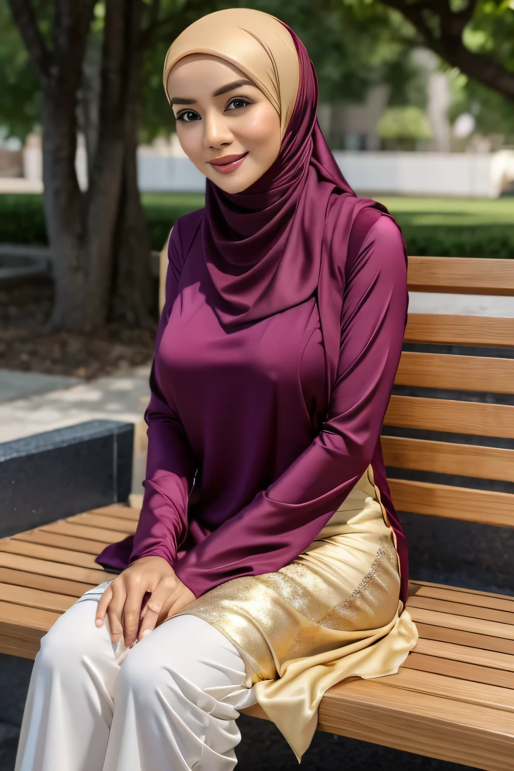 1 lady, 30 years old, hijabi, wearing tight malay baju kurung, fine wrinkles, posing politely, sitting on bench, gold malay baju kurung, big breast, covered up, wearing plain hijab