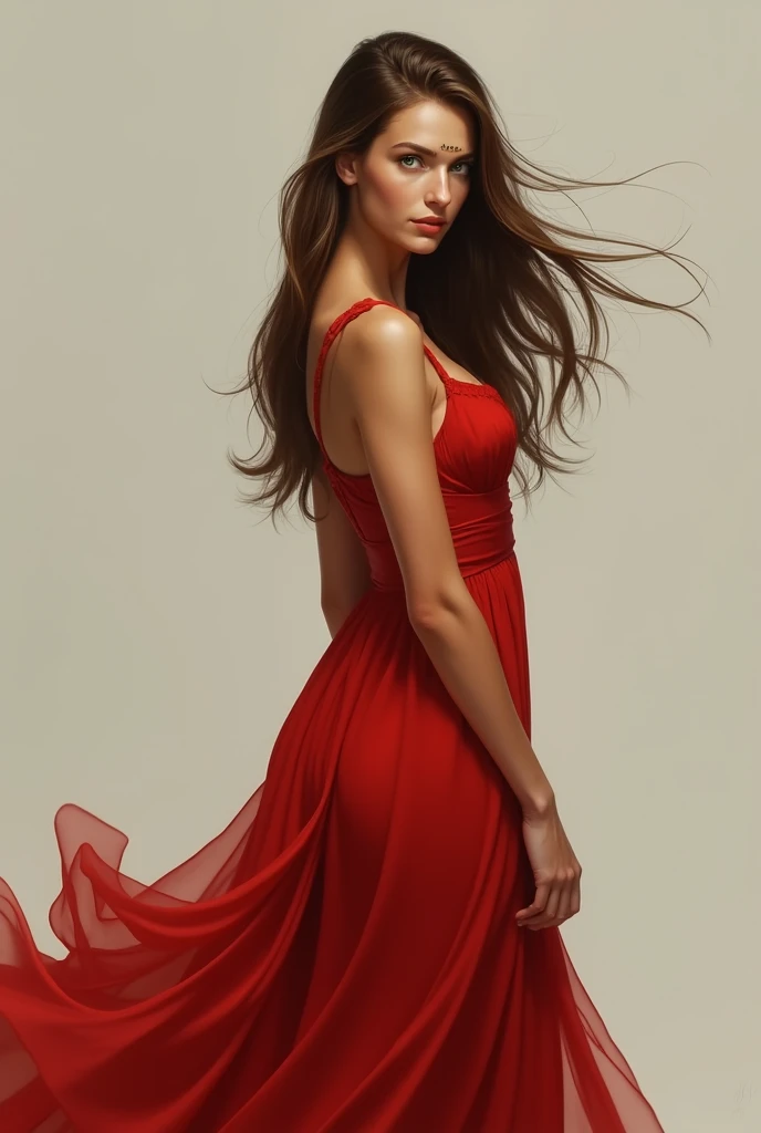 A tall young pretty woman with a red long dress. She has tan skin and waist length brown hair and she has green / blue eyes. She has a scar above her eyebrows.